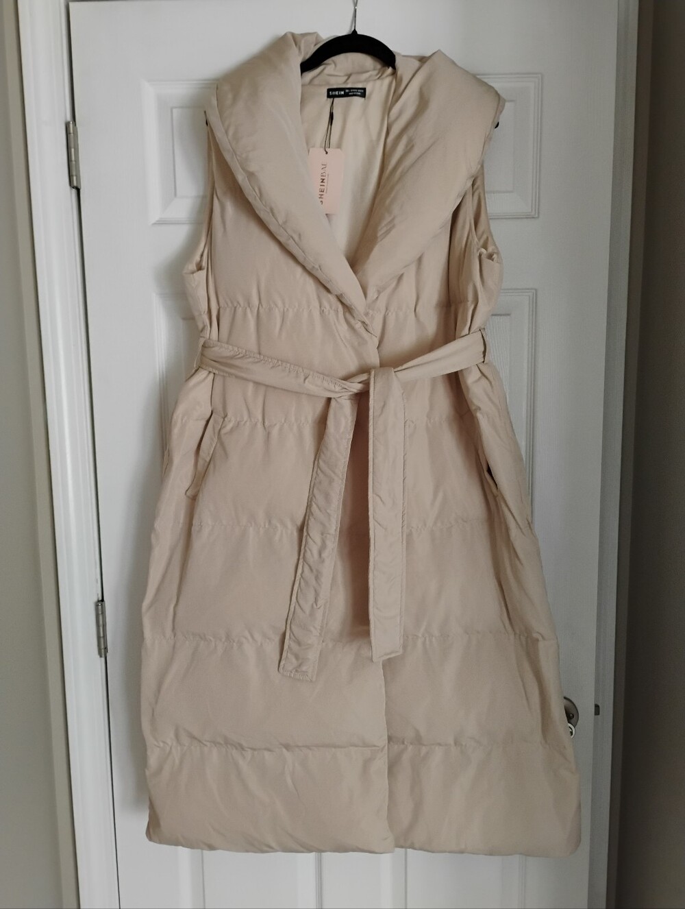 Women's Long Puffer Vest | Beige Puffer Tie Waist Vest | XL-XXL read Measurement